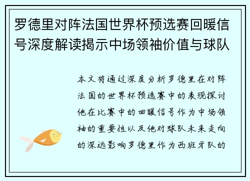 罗德里对阵法国世界杯预选赛回暖信号深度解读揭示中场领袖价值与球队走向