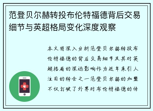 范登贝尔赫转投布伦特福德背后交易细节与英超格局变化深度观察